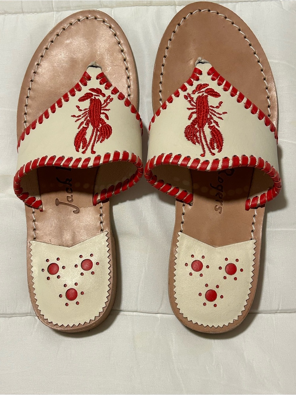 JACK ROGERS Lobster Embroidered Women's Sandals - Red and Cream Size 5